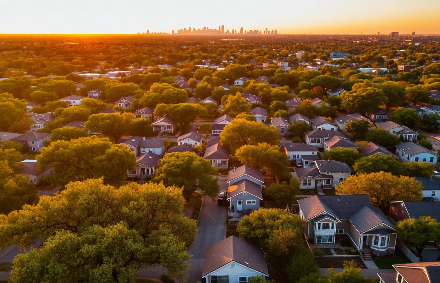 Aerial view of an Austin, Texas residential neighborhood at sunrise